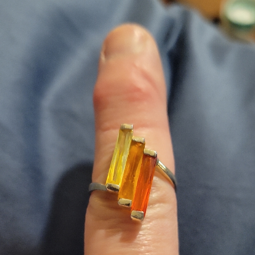 Sterling Silver Triple Baguette Ring with Yellow and Orange Stones